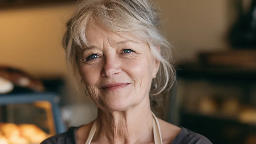 A café owner in an apron, arms crossed, smiling at her counter