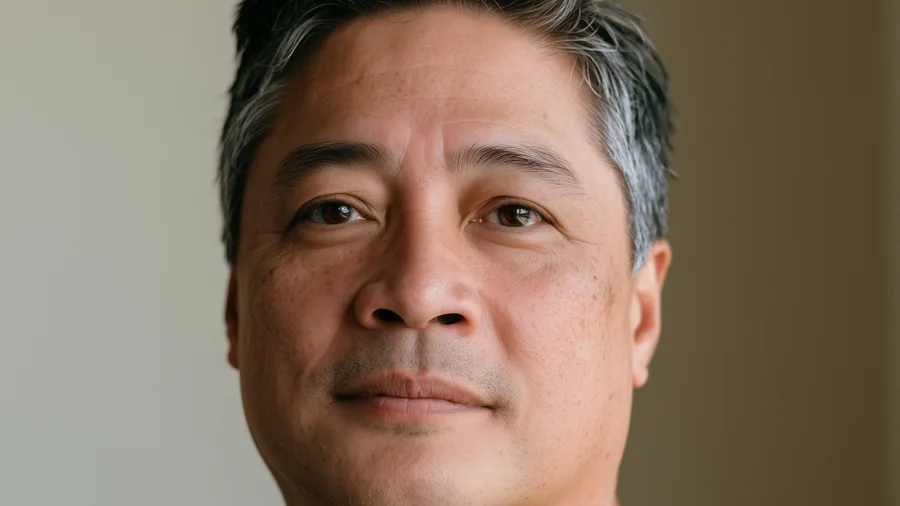 A massage therapist in a grey T-shirt, in soft daylight
