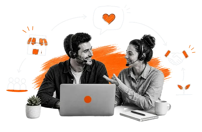 Collage of two support people with headsets at a laptop, surrounded by hand-drawn orange doodles of a storefront, a handshake and a growing plant.