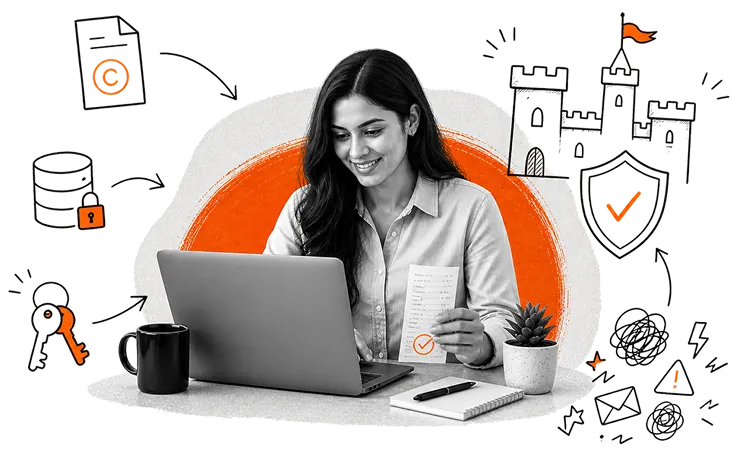 Collage of a smiling woman at a laptop, with hand-drawn orange doodles of keys, a padlock, a shield and a castle.