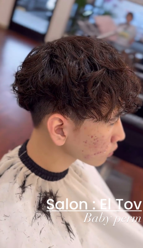 Short textured brown hair in side profile; watermark reads Salon : El Tov / Baby perm.