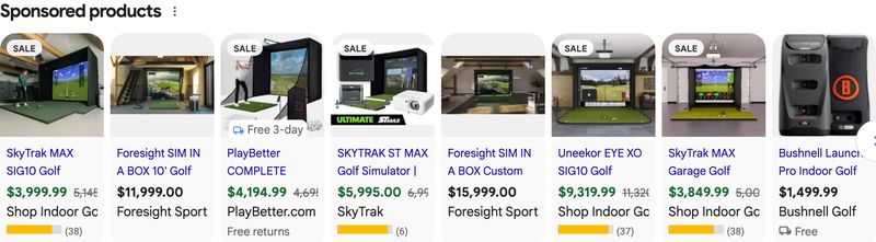 Live Google Shopping listings for golf simulators, priced $1,499 to $15,999