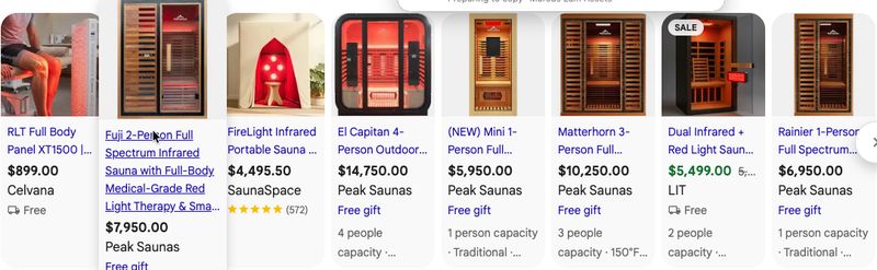 Live Google Shopping listings for home saunas, priced $899 to $14,750