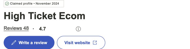 Trustpilot profile header for High Ticket Ecom — claimed profile, 48 reviews, 4.7 rating