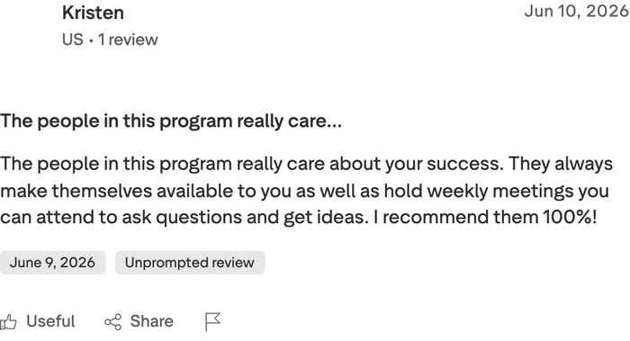 Kristen's five-star Trustpilot review — 'The people in this program really care'