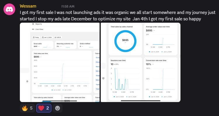Wessam's first organic sale — $695 Shopify dashboard, shared in the Discord wins channel
