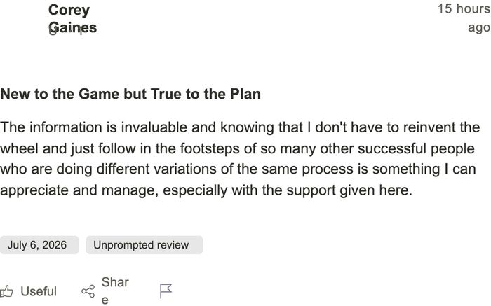 Corey Gaines' five-star Trustpilot review — 'New to the Game but True to the Plan'