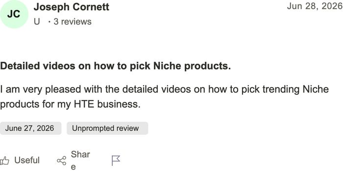Joseph Cornett's five-star Trustpilot review — 'Detailed videos on how to pick Niche products'