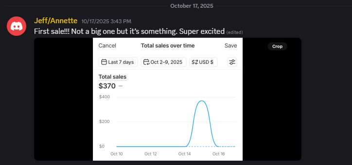 Jeff and Annette's first sale — $370 Shopify total sales card, shared in the Discord wins channel
