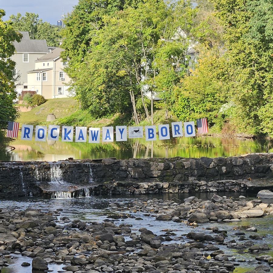 Rockaway Boro banner over the Rockaway River and dam