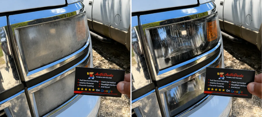 Before and after headlight restoration showing a foggy lens restored to clear