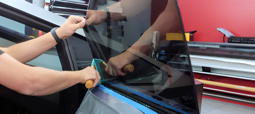 Installer applying automotive window tint film to a car door window