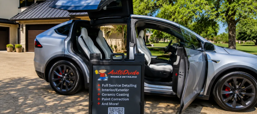 Silver Tesla Model X with doors open after a full auto detail by Auto Dude Mobile Detailing