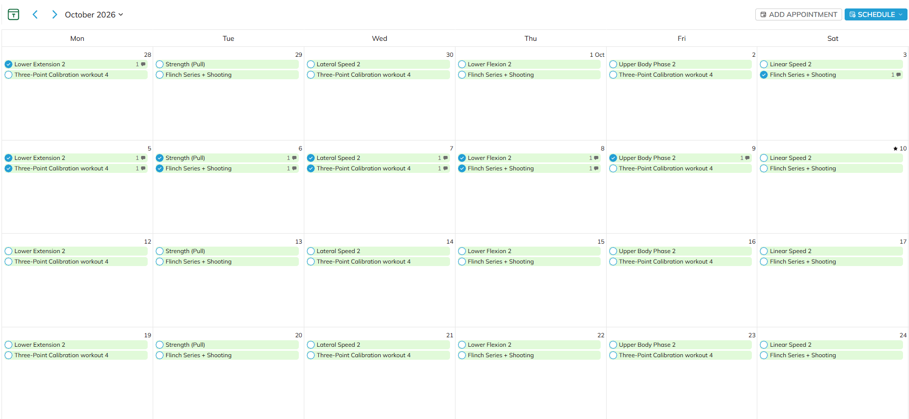 Monthly training calendar showing each athlete's assigned daily workouts with completion tracking