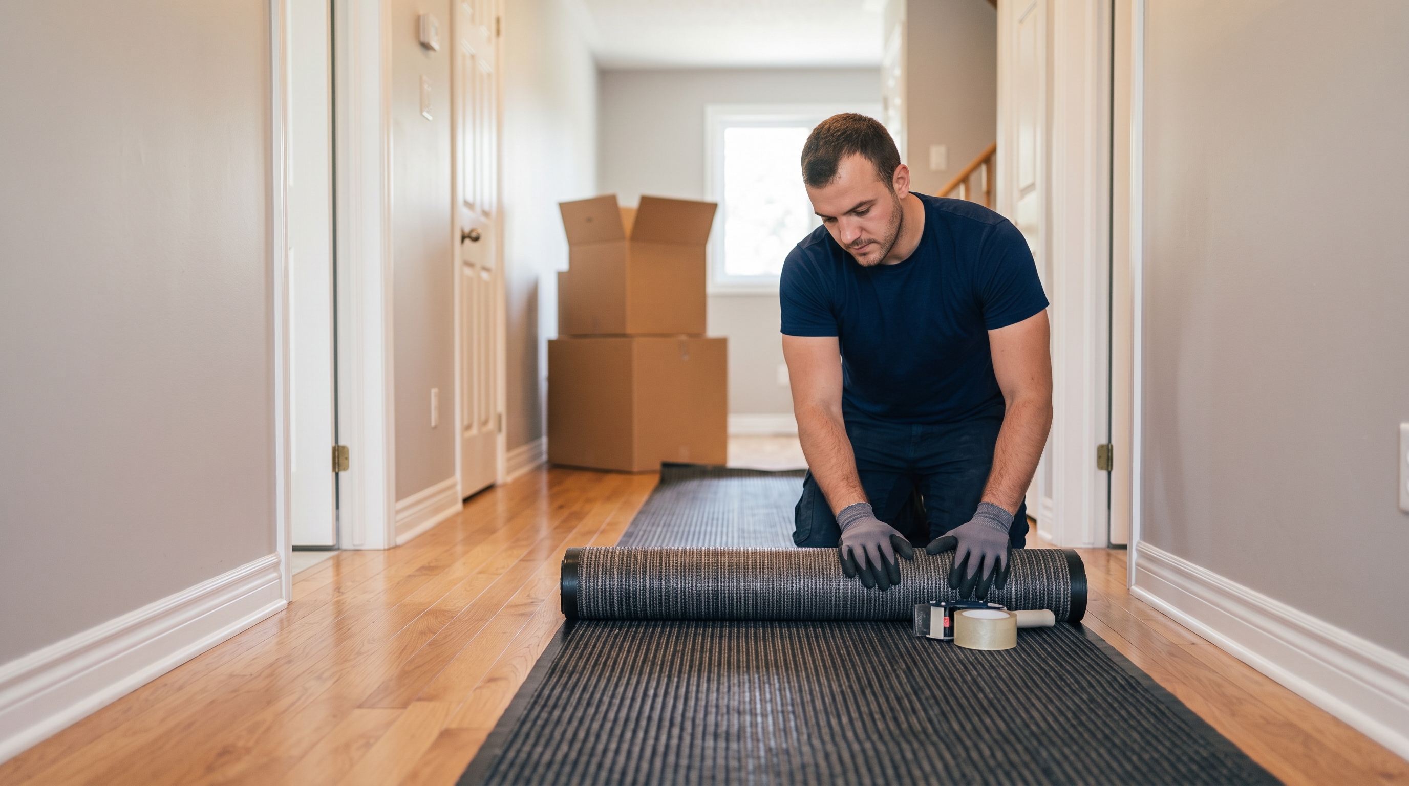 Mover protecting floors before a move in Acton