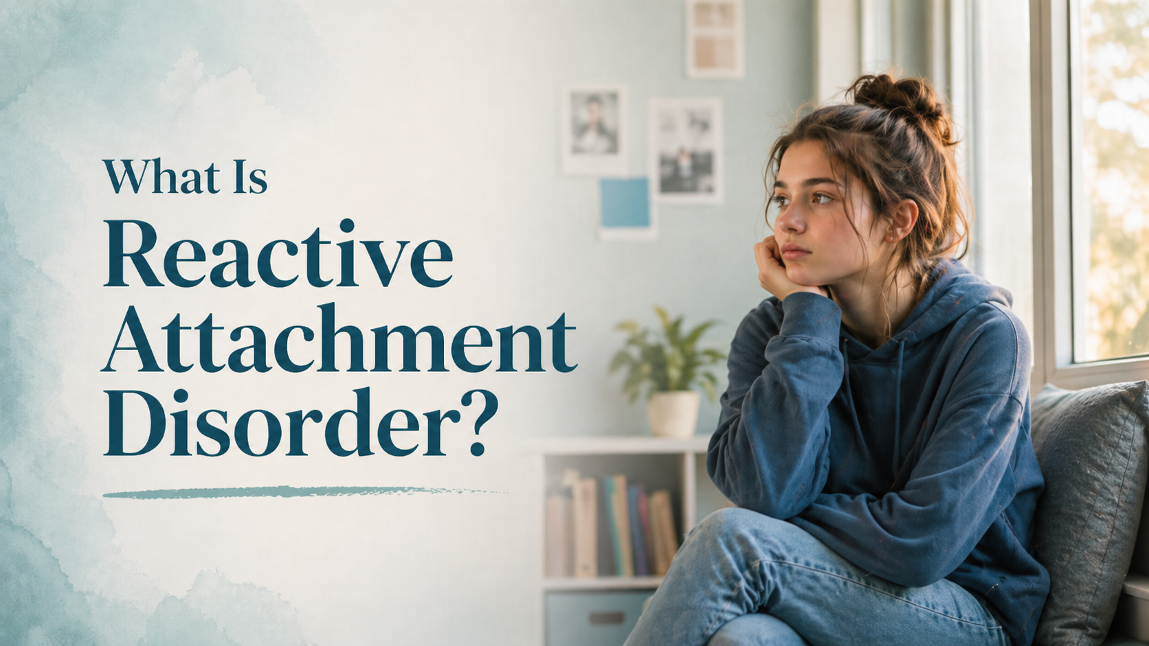 Thoughtful young woman by a window, illustrating an educational section about reactive attachment disorder.
