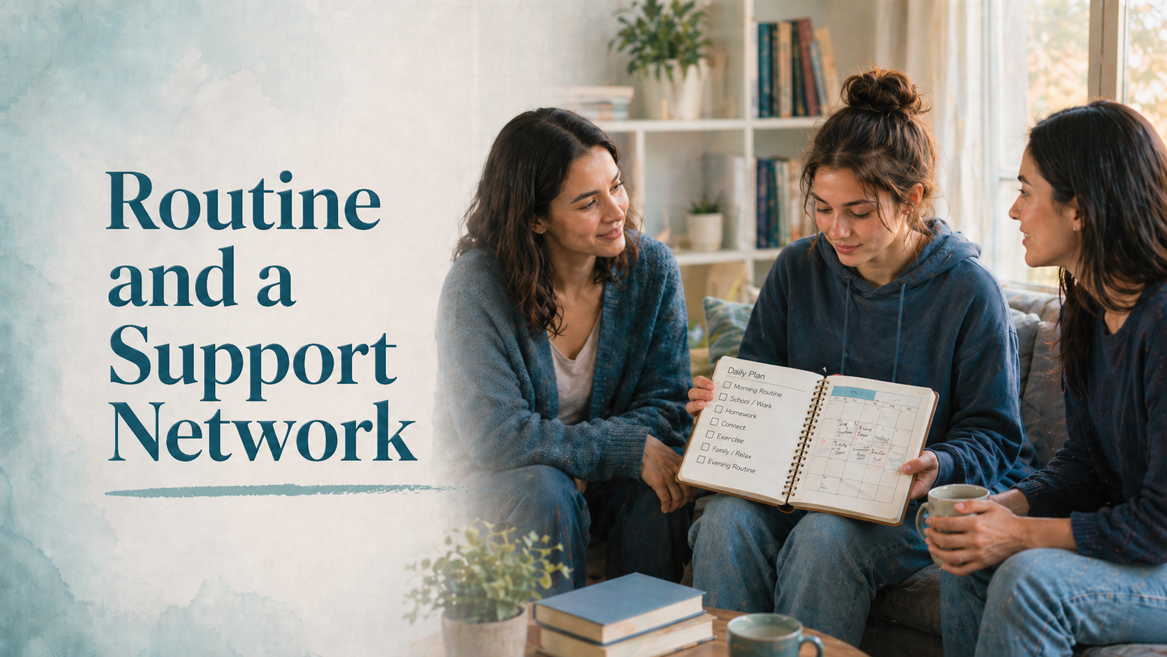 Young woman reviewing a daily planner with two supportive women nearby, illustrating routine and a strong support network.