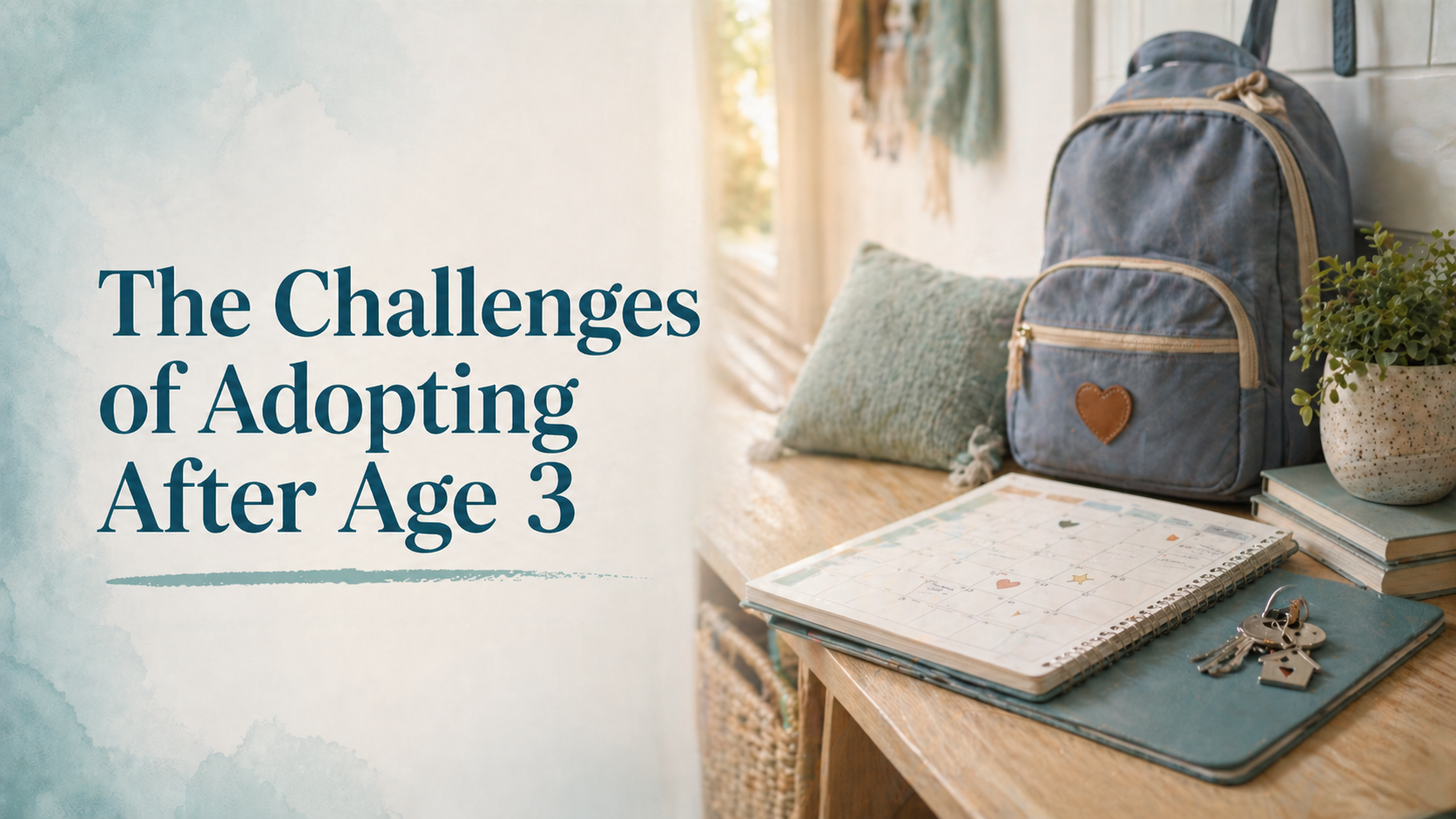 Backpack, calendar, and house keys in a warm entryway, symbolizing the planning and adjustment challenges of adopting after age 3. Backpack, calendar, and house keys in a warm entryway, symbolizing the planning and adjustment challenges of adopting after age 3.