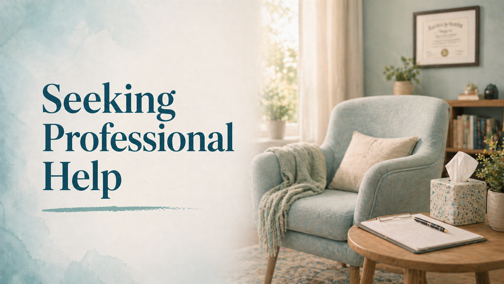 Calm counseling office with a soft blue chair, clipboard, and tissues beside the title “Seeking Professional Help,” representing support from a mental health professional. Calm counseling office with a soft blue chair, clipboard, and tissues beside the title “Seeking Professional Help,” representing support from a mental health professional.