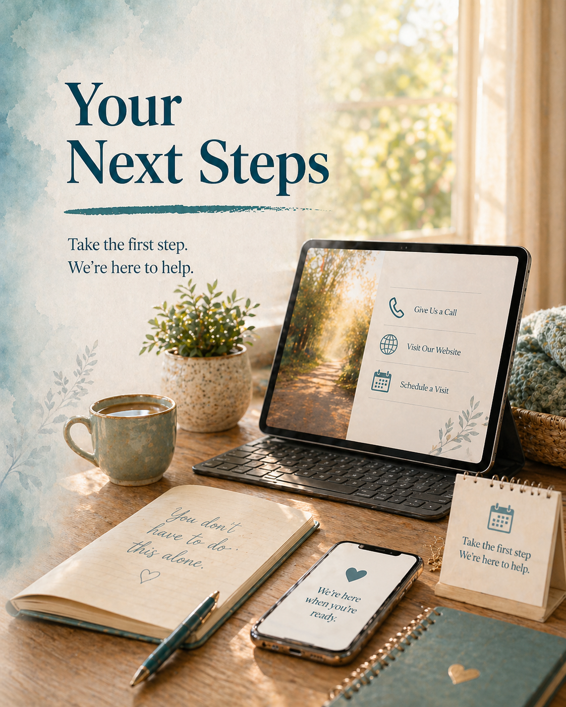 Portrait image of a warm workspace with a tablet, phone, planner, and calendar reminders under the title “Your Next Steps,” encouraging families to reach out for support.