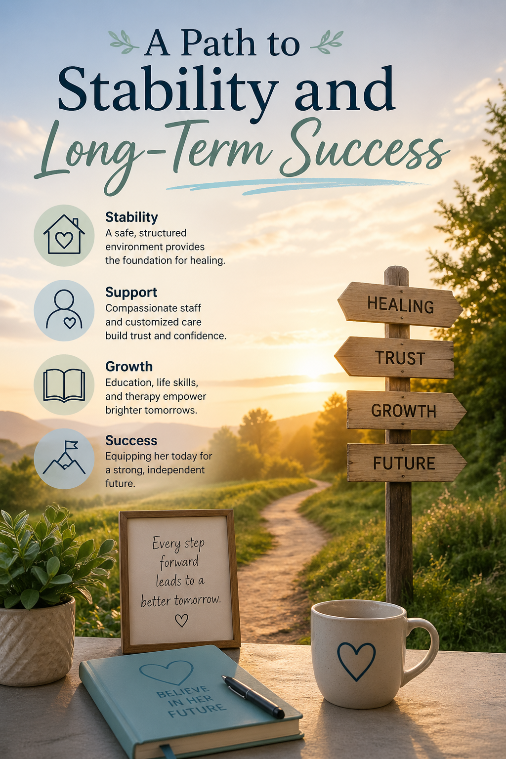 Inspirational path at sunrise with signs for healing, trust, growth, and future, symbolizing stability, support, and long-term success.