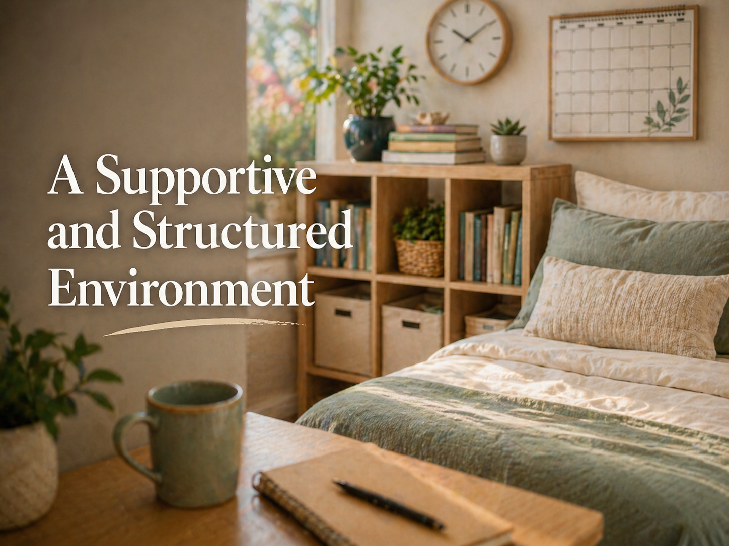 Warm, organized bedroom with a calendar, books, and neatly arranged pillows beside the title “A Supportive and Structured Environment.”