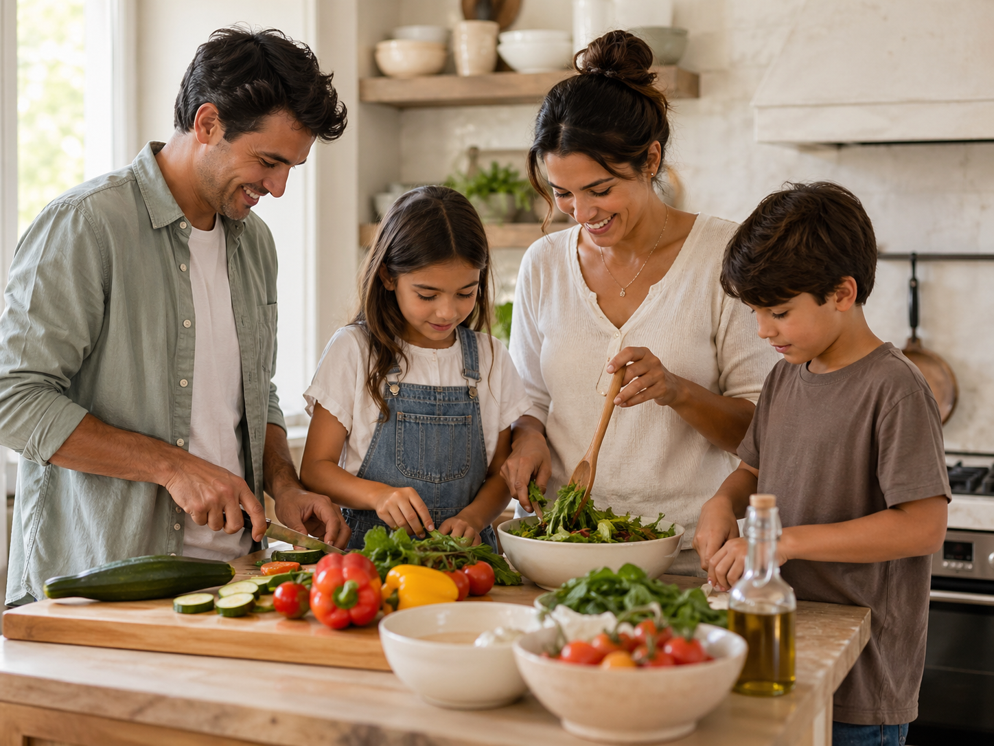 Family of four preparing a meal together in a bright kitchen, chopping vegetables and mixing salad on a wooden island.