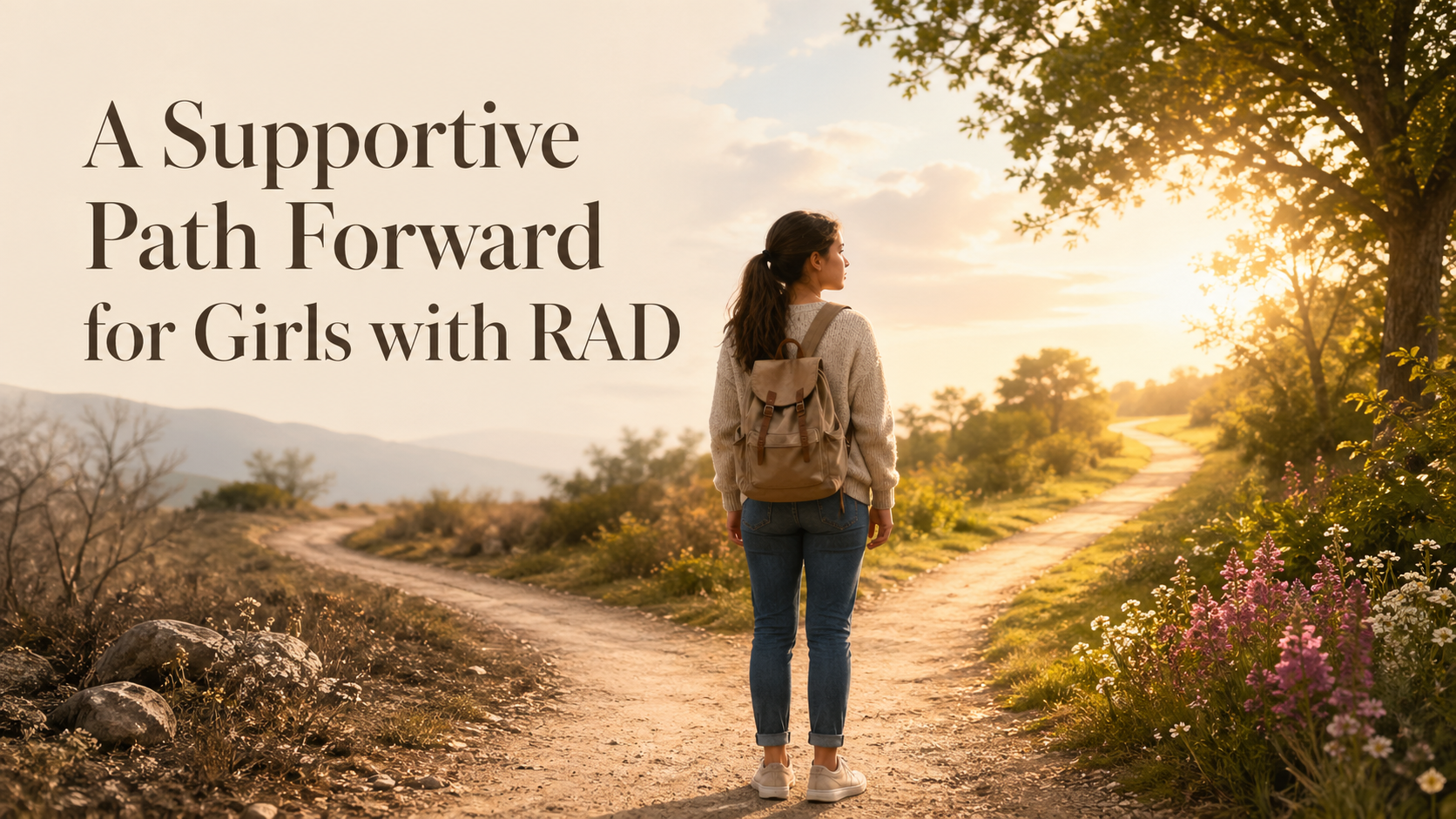 Teen girl with a backpack standing at a fork in a sunlit path, symbolizing a supportive choice and a hopeful path forward for girls with RAD, beneath the title “A Supportive Path Forward for Girls with RAD.”