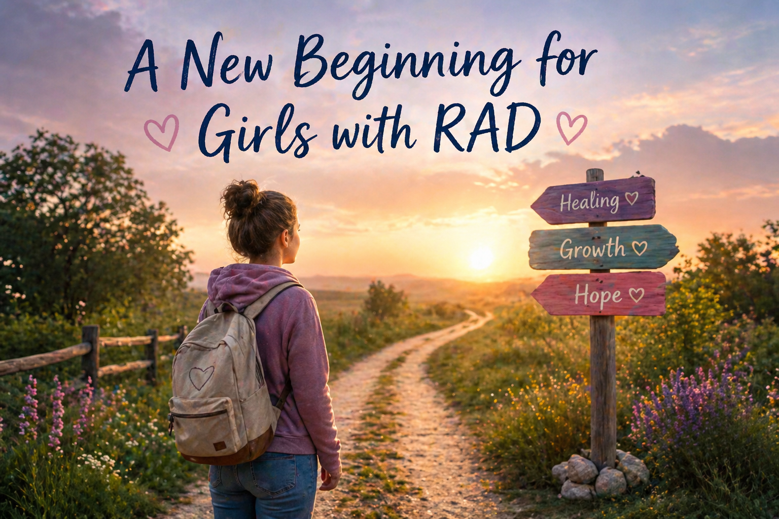 Teen girl with a backpack standing on a country path at sunset, looking toward a bright horizon and signpost beneath the title “A New Beginning for Girls with RAD.”