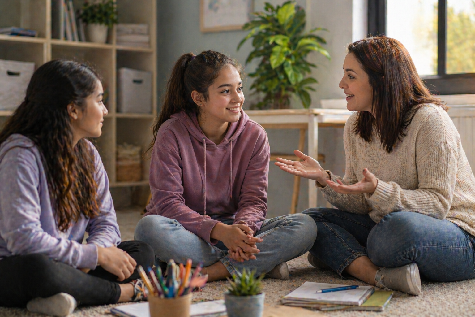 Two teen girls sitting with a supportive adult in a warm, comfortable room, practicing social and emotional skills through guided conversation.