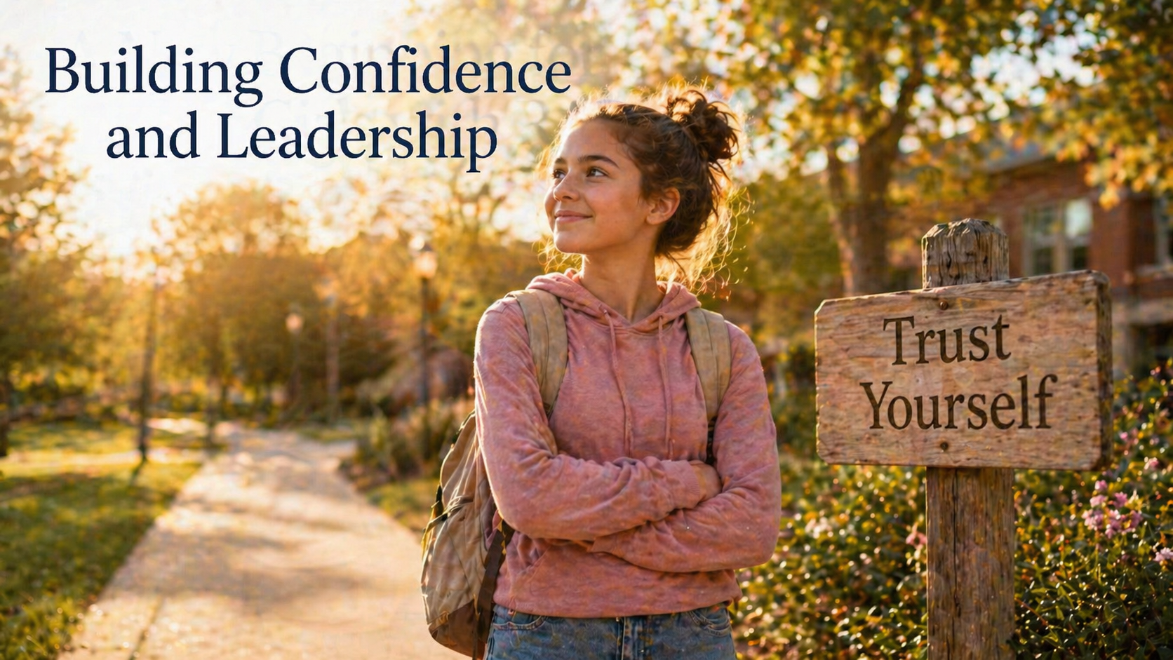 Teen girl standing confidently on a sunlit path beside a wooden sign reading “Trust Yourself,” beneath the title “Building Confidence and Leadership.”