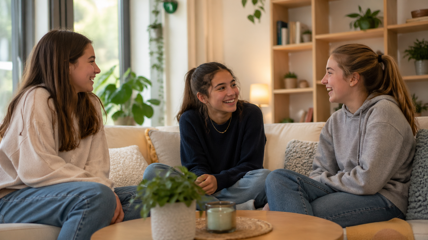 Three teen girls smiling and talking together in a cozy, welcoming living room, showing a safe and supportive space for growth and discovery.
