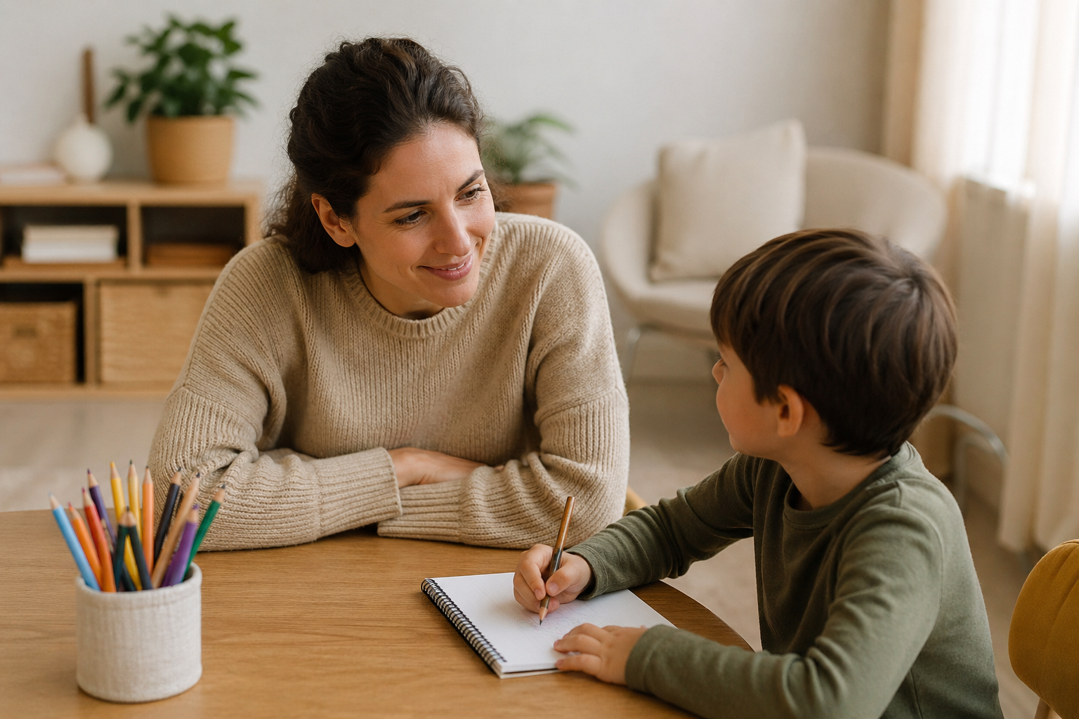 Young girl drawing in a notebook at a table while a supportive adult smiles and listens in a calm, welcoming room, representing care and guidance for children with RAD.