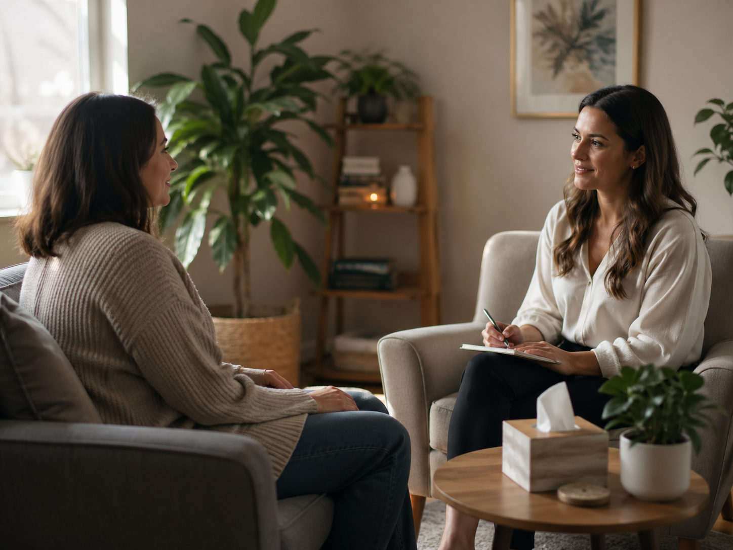 Adult woman seated in a calm therapy session with a counselor in a warm, comfortable office, representing therapeutic support strategies for adults with RAD.