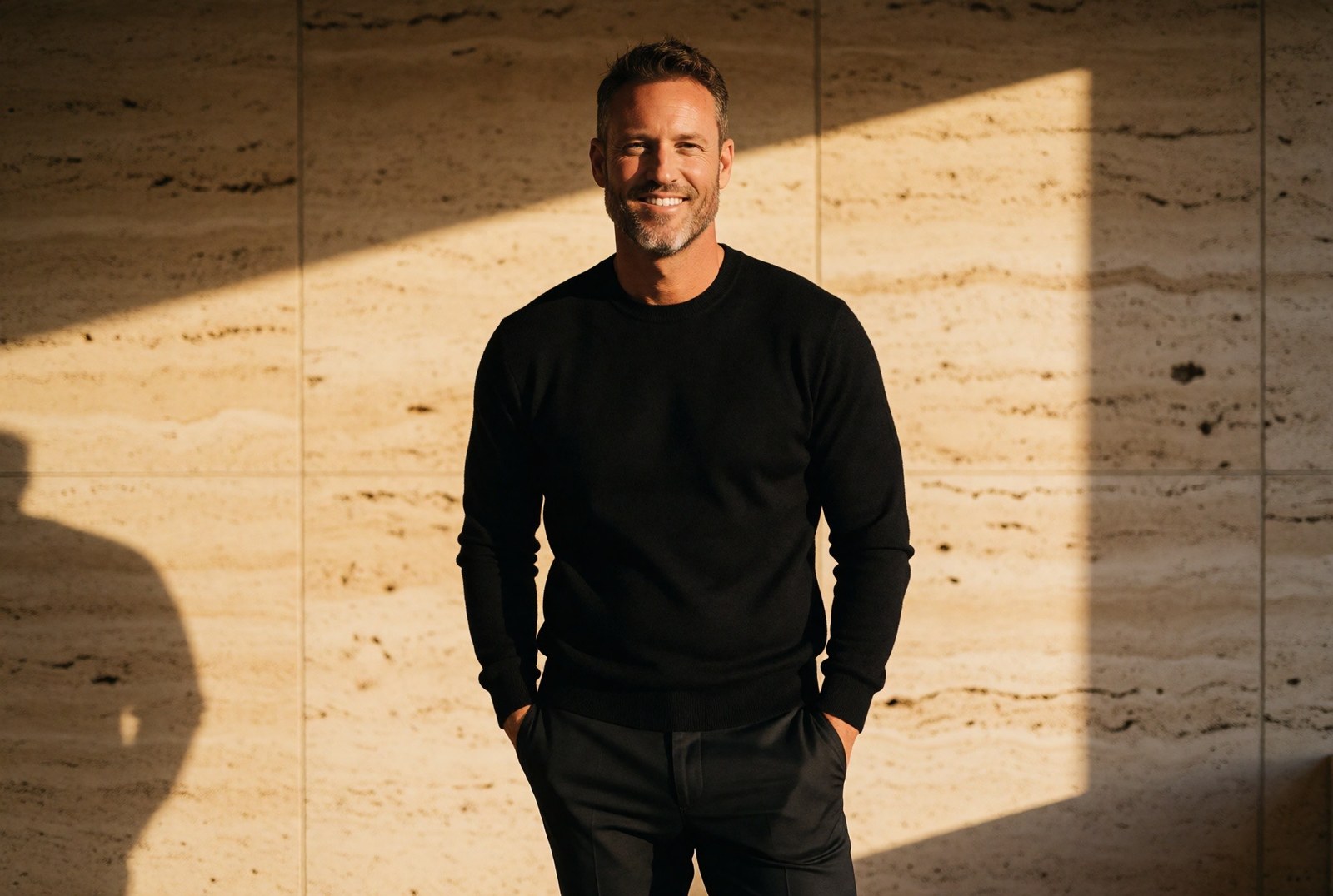 Smiling personalized portrait of Andrew Parr in a black shirt against warm stone