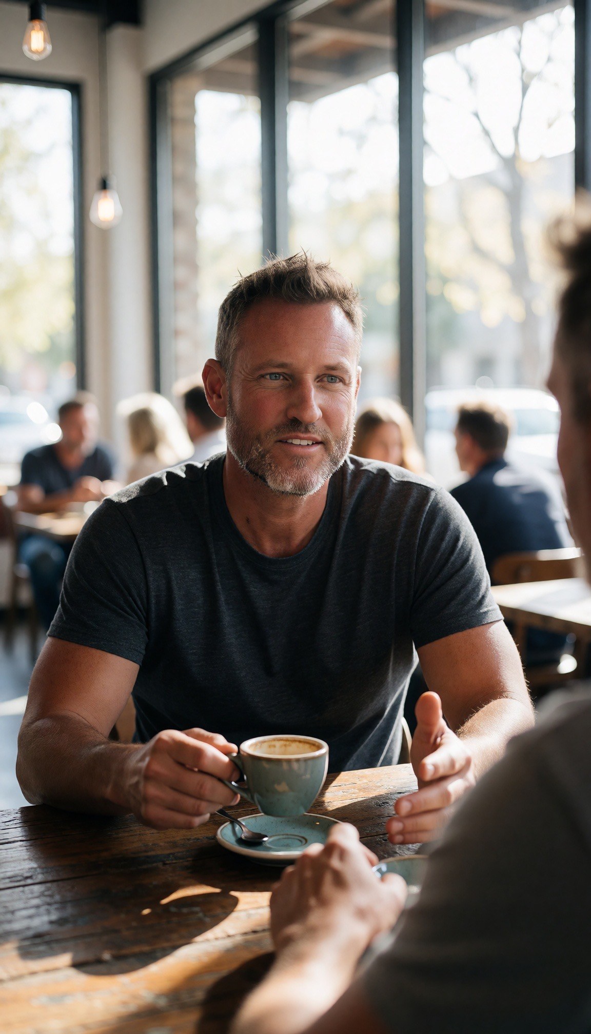 Andrew smiling during a relaxed café conversation; supplied personalized lifestyle image