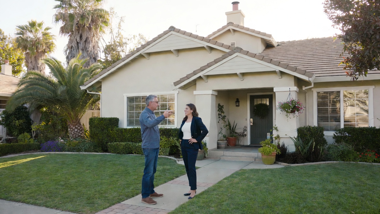 Real estate agent speaking with homeowner in front of well-maintained suburban home with manicured lawn and palm trees.