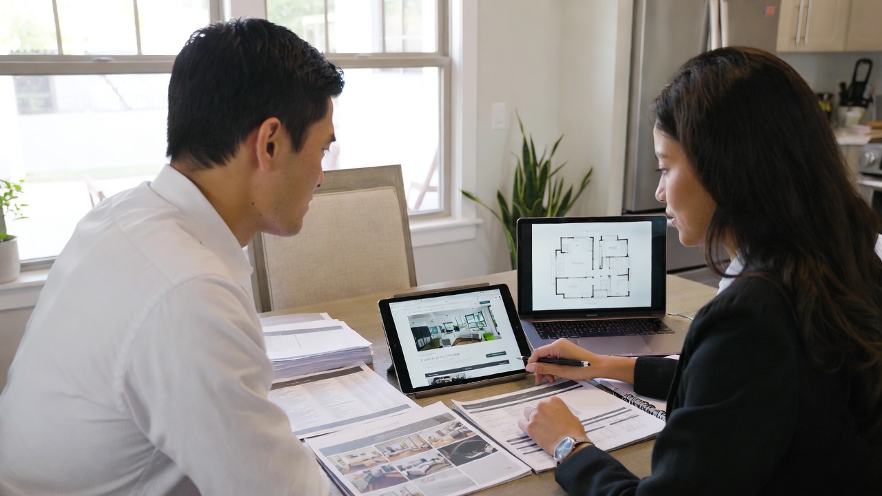 Real estate agent reviewing home listing photos and floor plan with client at kitchen table.