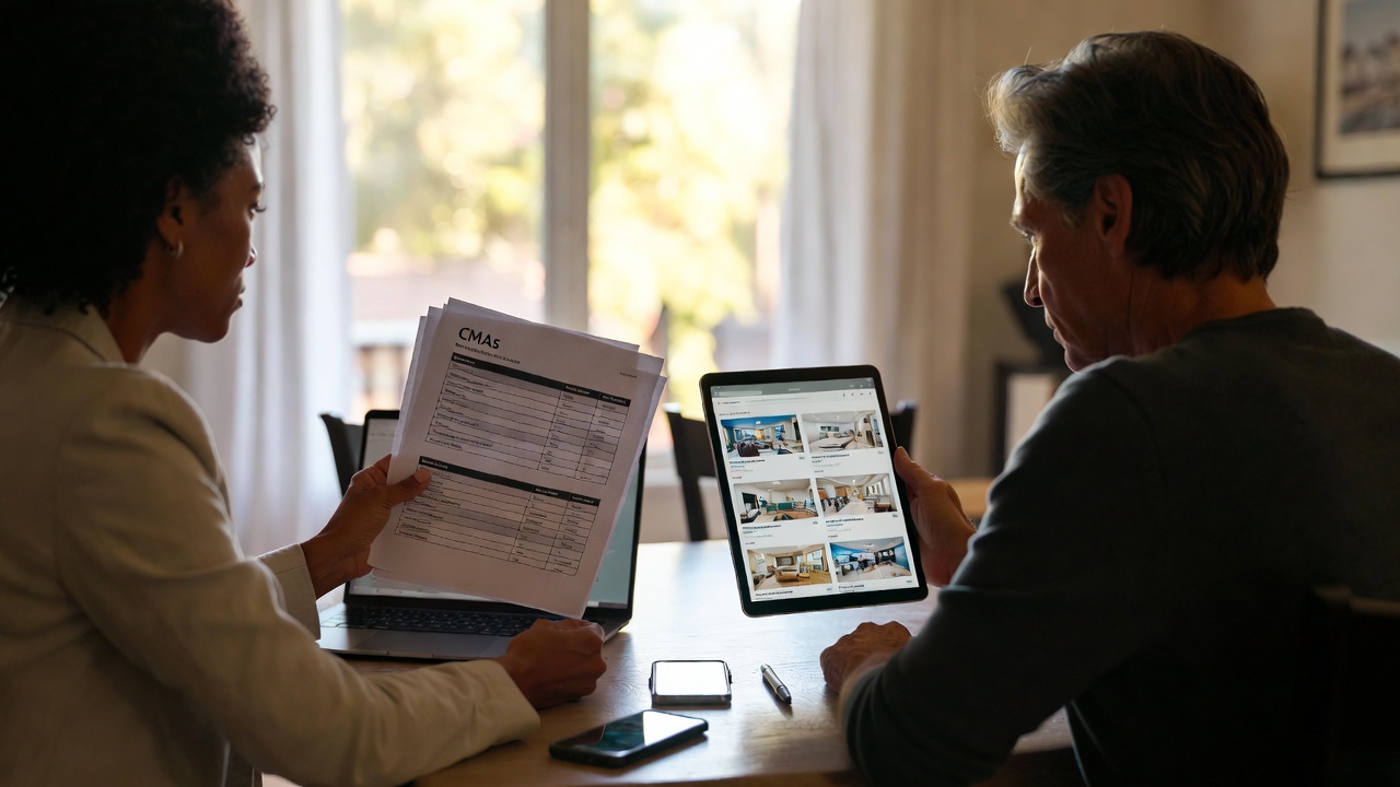 Real estate agent reviewing CMA report and listing photos with homeowner at dining table.