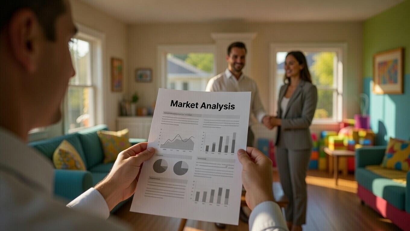 Real estate agent presenting home market analysis report to sellers during in-home listing consultation.