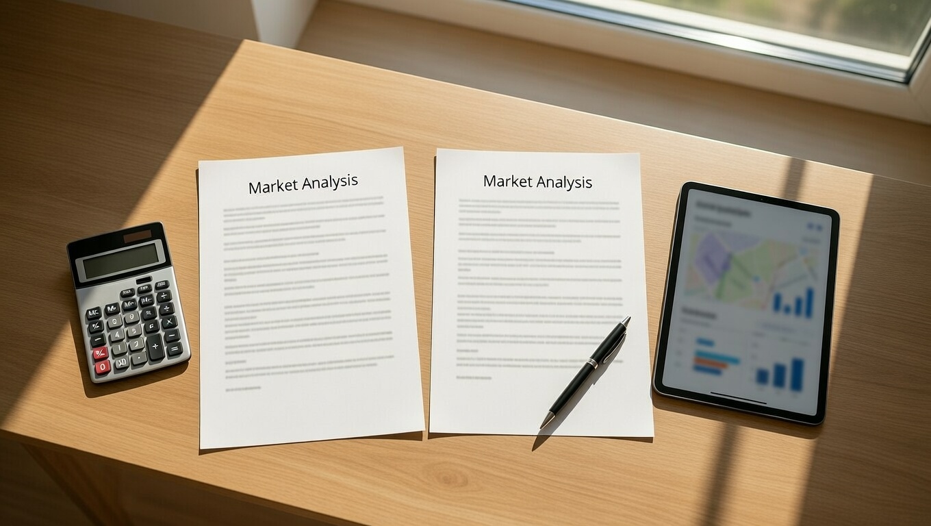Real estate market analysis reports with pricing data, calculator, and tablet displaying housing market trends