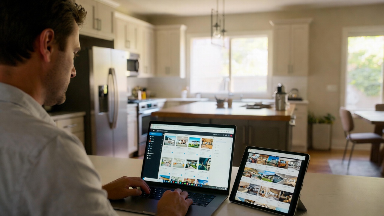 Man reviewing real estate listing photos and marketing performance on laptop and tablet in home kitchen.