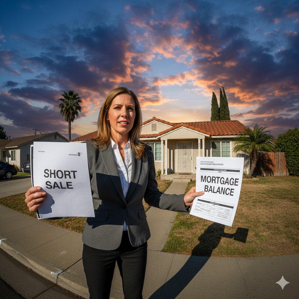 Real estate agent explaining short sale and mortgage balance in front of single-story suburban home.