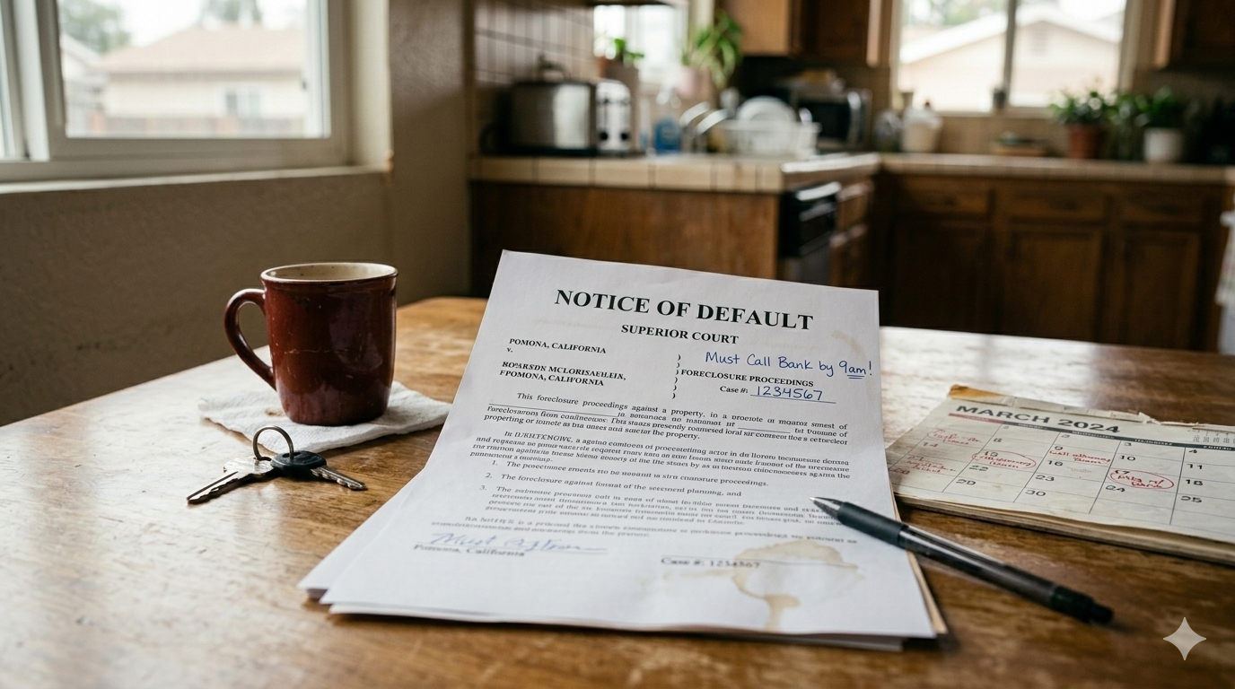 Notice of default foreclosure document on kitchen table with house keys, coffee mug, and calendar.