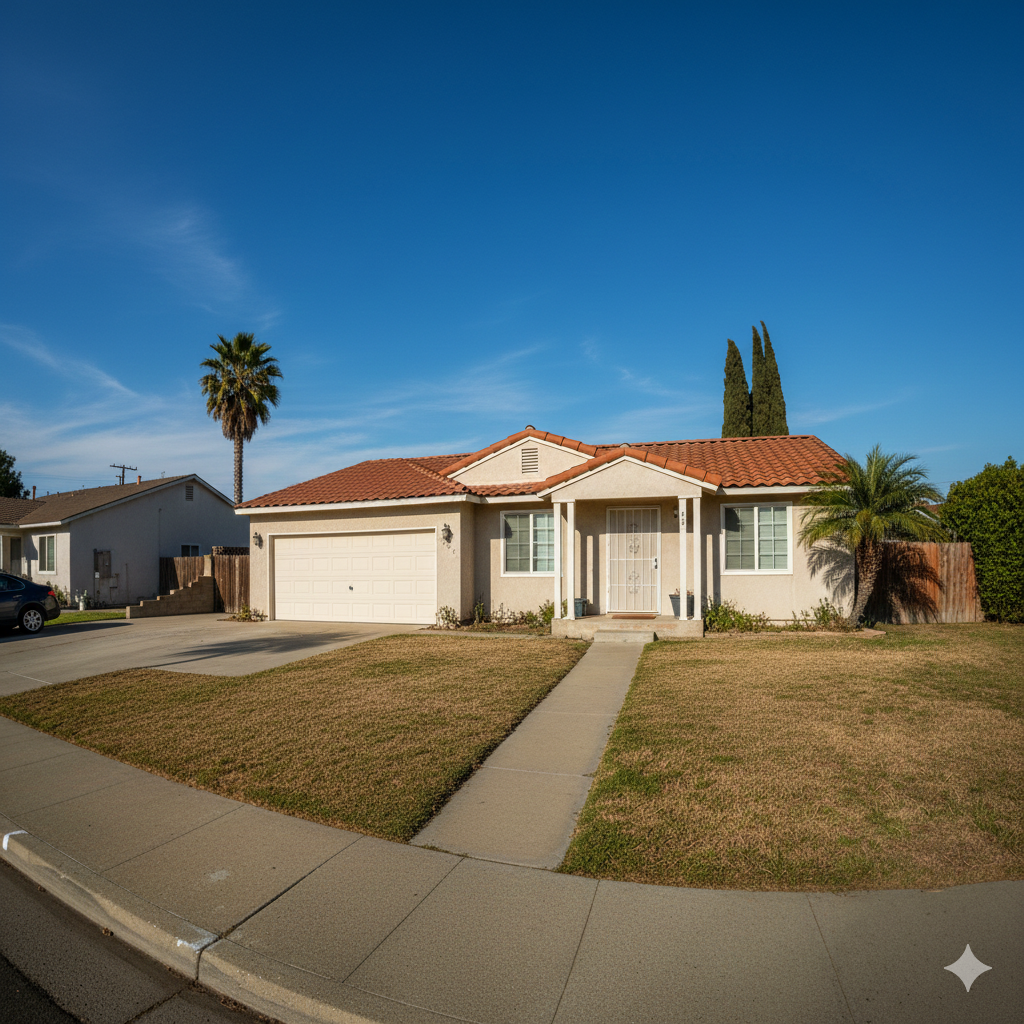 Single-story suburban home with red tile roof, two-car garage, and palm tree in Southern California neighborhood.