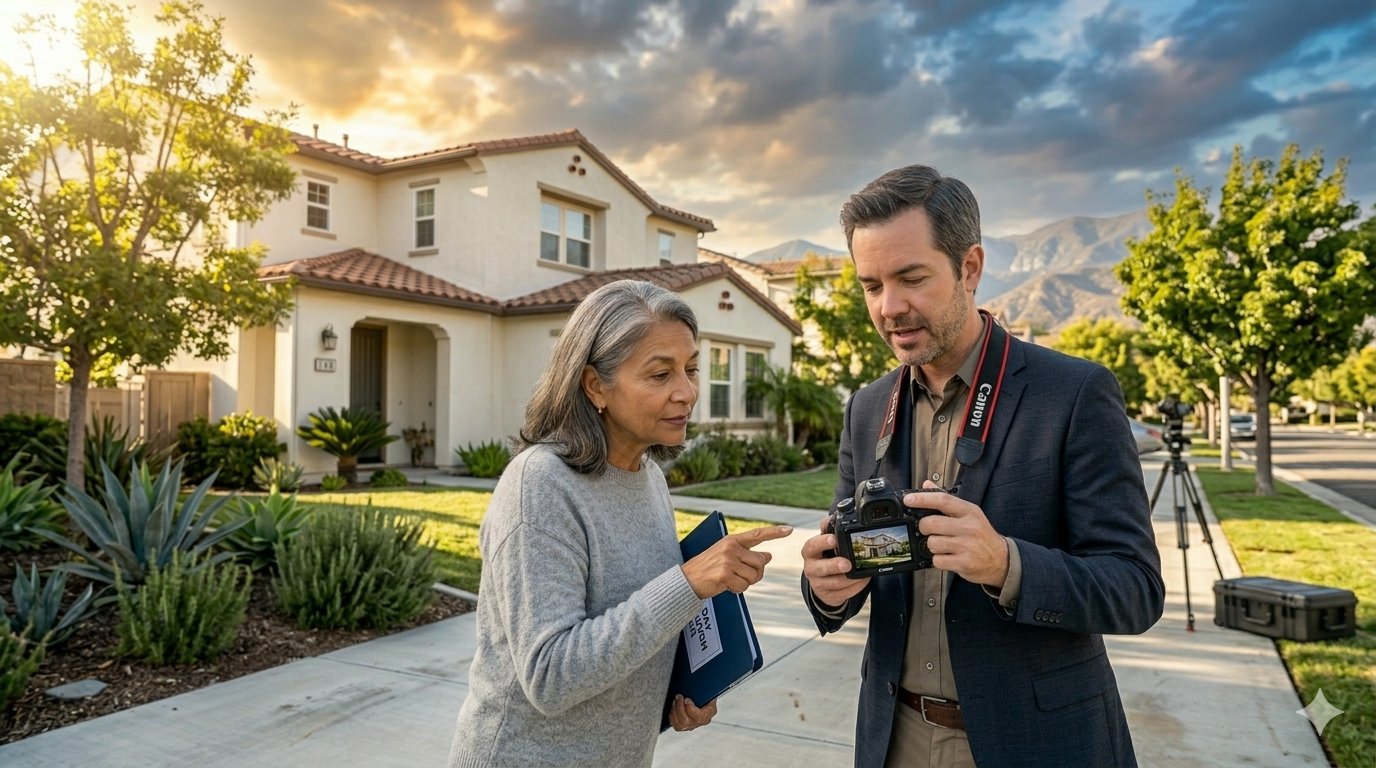 Real estate photographer reviewing listing photos with homeowner in front of suburban house. Real estate photographer reviewing listing photos with homeowner in front of suburban house.