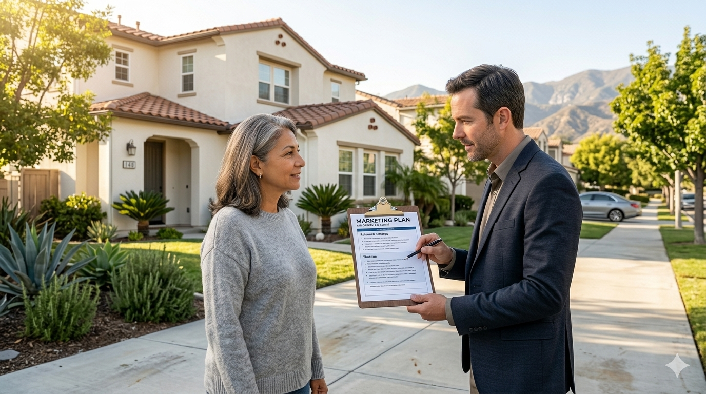 Real estate agent reviewing a home marketing plan with homeowner outside a suburban property Real estate agent reviewing a home marketing plan with homeowner outside a suburban property