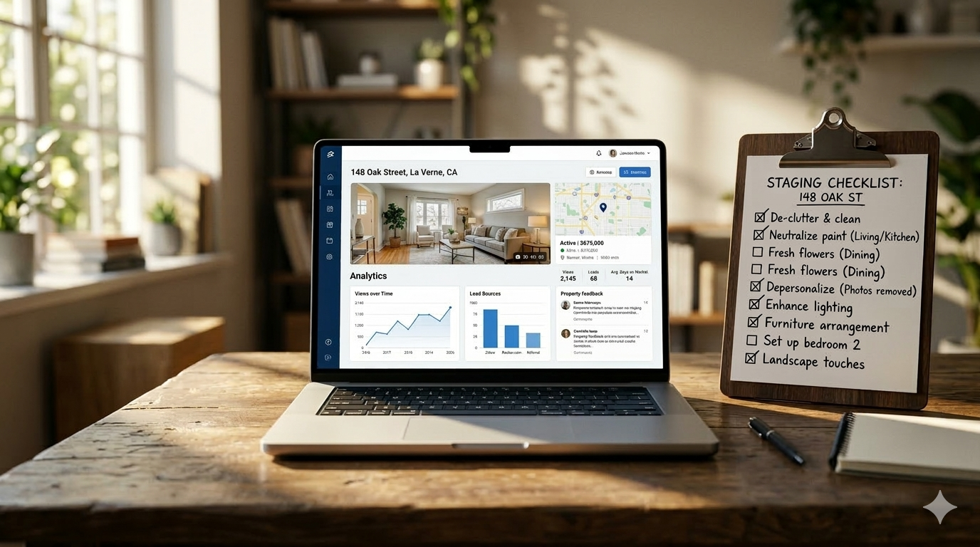 Laptop showing home listing analytics beside a staging checklist on a desk. Laptop showing home listing analytics beside a staging checklist on a desk.