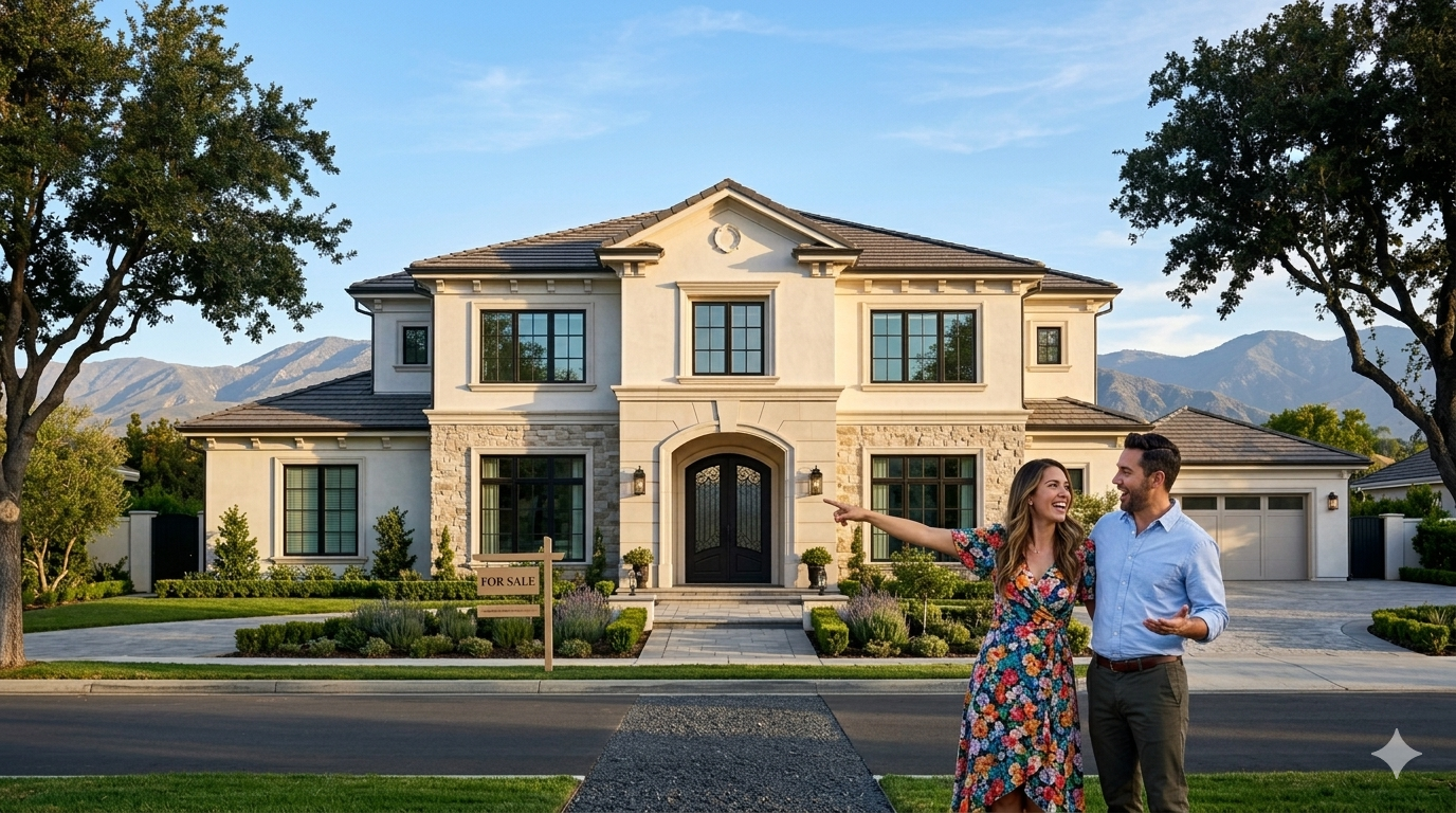 Couple standing in front of a luxury home with a for-sale sign, discussing the property outside a large upscale house with mountain views and manicured landscaping.