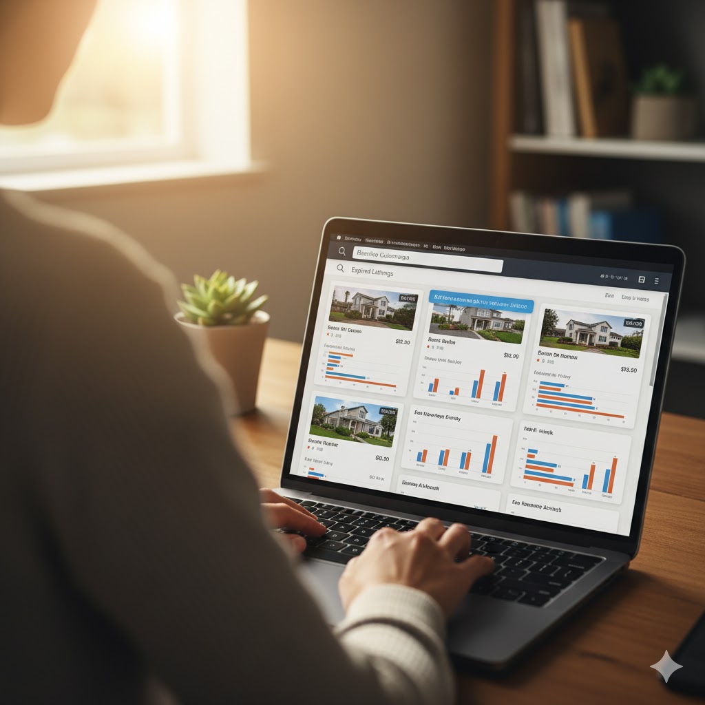Person using a laptop at a wooden desk to review a real estate analytics dashboard showing expired listings, property photos, pricing data, and performance charts in a home office.